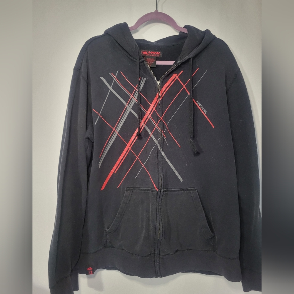 VTG 90s Y2K Hawk Tony Hawk Black Zip Hoodie with Red Geometric Print XL Skate